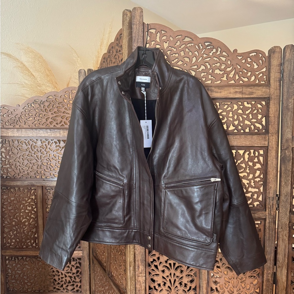 Reformation Veda Harrison Leather Oversized Bomber Jacket Brown XS NEW - Picture 5 of 5